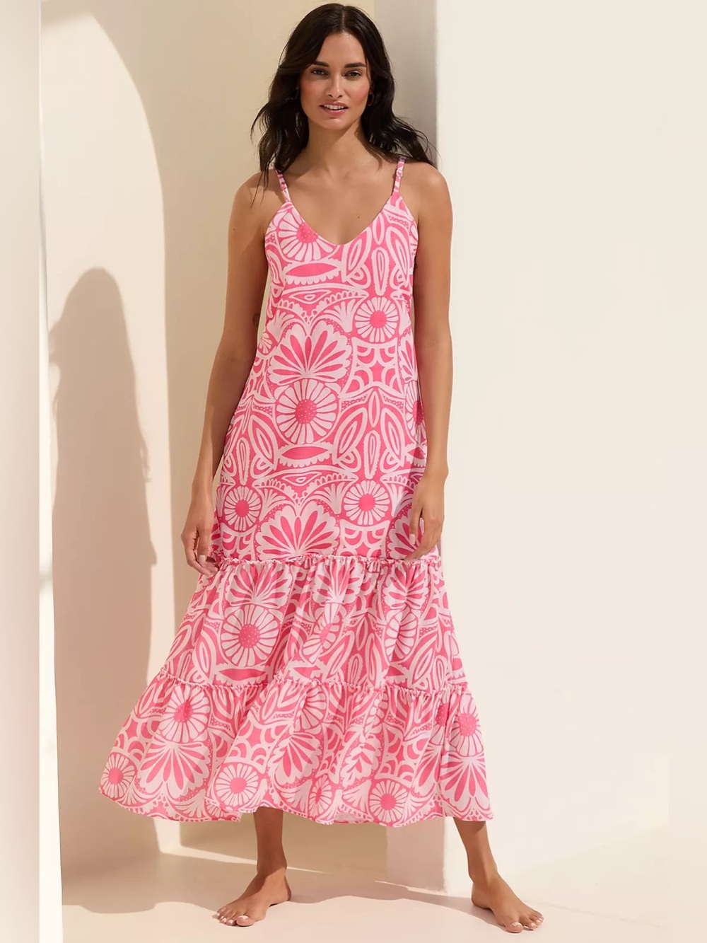 Peixoto NWT Pink Floral Print Cotton Maxi Dress Tiered Slip L